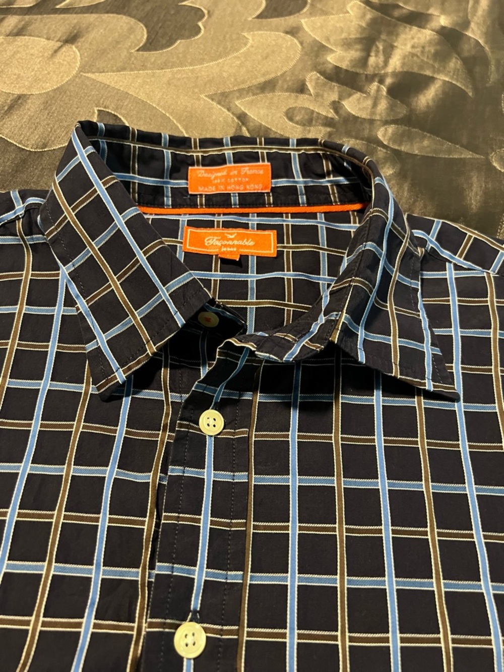Faconnable Navy Blue Button-up Long Sleeve Dress Shirt Windowpane Check Large